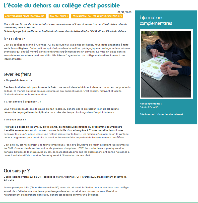 Article sur l&rsquo;école du dehors au collège pour le graine